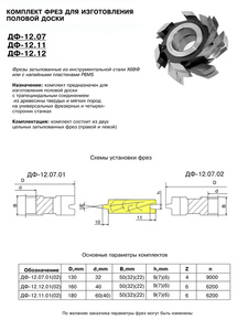ДФ-12.07 комплект фрез для изготовления доски пола 125х32х50, шип трапеция, 9ХС